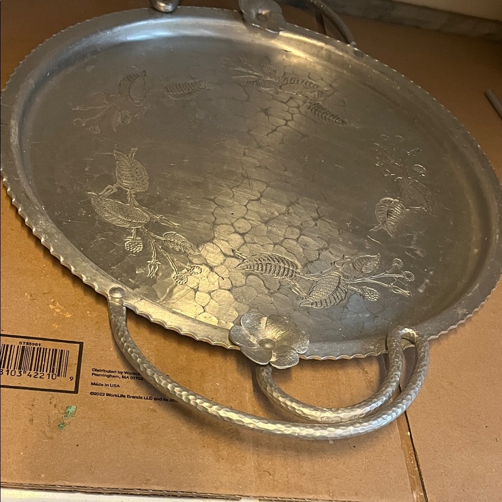 Farberware Hammered Aluminum Floral Serving Tray 16 Inch plus handles